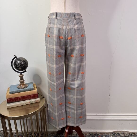 Nina Ricci Plaid Wool Trousers with Orange Fringe Embroidery Size 40 NWT Classic - Picture 8 of 11